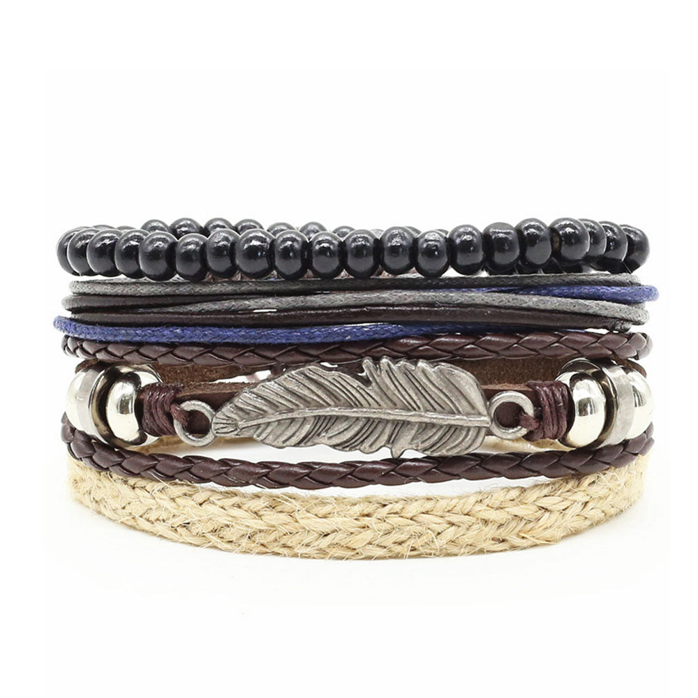 Bracelet Ethnique Plume - Corde Tressé en Cuir, Bois et Perle 