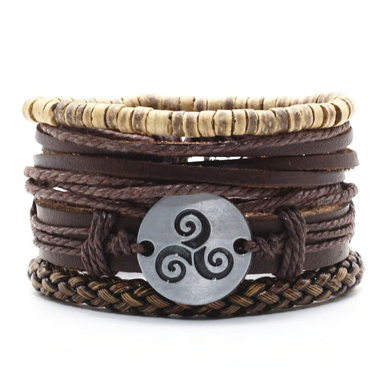 Bracelet Ethnique Signe du Vent - Corde Tressé en Cuir, Bois et Perle