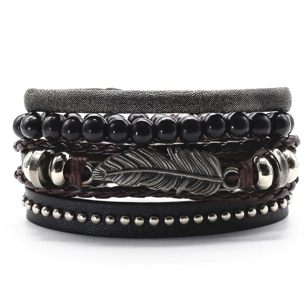 Bracelet Ethnique Noir Plume - Corde Tressé en Cuir, Bois et Perle